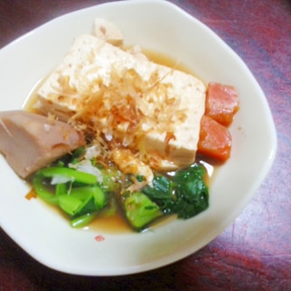 親芋と豆腐とカキ菜の煮物【麺つゆで簡単！】